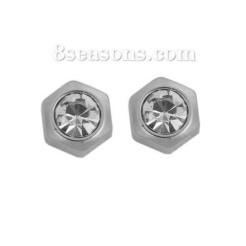 304ステンレス鋼 イヤリング シルバートーン 六角 7mm x 6mm、 ワイヤーサイズ: （20号）、 1 ペア の画像
