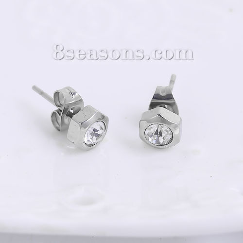 304ステンレス鋼 イヤリング シルバートーン 六角 7mm x 6mm、 ワイヤーサイズ: （20号）、 1 ペア の画像