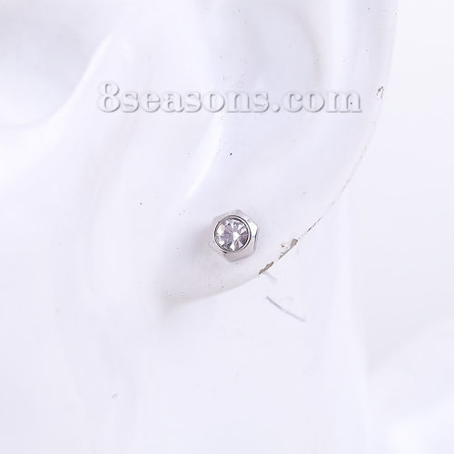 304ステンレス鋼 イヤリング シルバートーン 六角 7mm x 6mm、 ワイヤーサイズ: （20号）、 1 ペア の画像