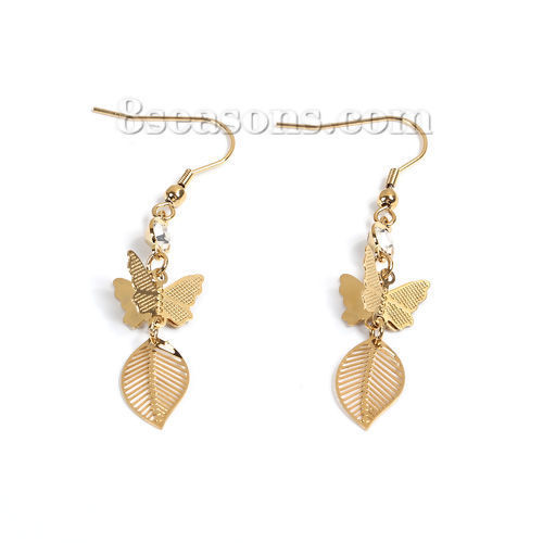 Immagine di 304 Acciaio Inossidabile Orecchino Oro Placcato Farfalla Foglia Trasparente Strass 61mm x 12mm , Diametro Filo: (21 misura), 1 Paio