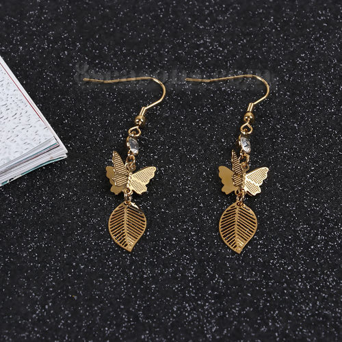 Immagine di 304 Acciaio Inossidabile Orecchino Oro Placcato Farfalla Foglia Trasparente Strass 61mm x 12mm , Diametro Filo: (21 misura), 1 Paio