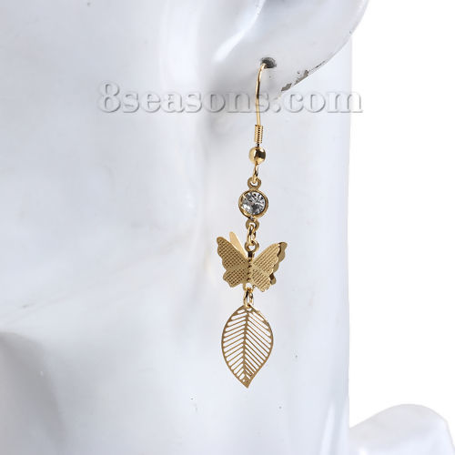 Immagine di 304 Acciaio Inossidabile Orecchino Oro Placcato Farfalla Foglia Trasparente Strass 61mm x 12mm , Diametro Filo: (21 misura), 1 Paio