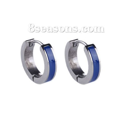 Immagine di 304 Acciaio Inossidabile orecchino cerchio Tono Argento Blu Anello Smalto 17mm x 15mm, Posta / Filo Dimensione: (18 misura), 1 Paio