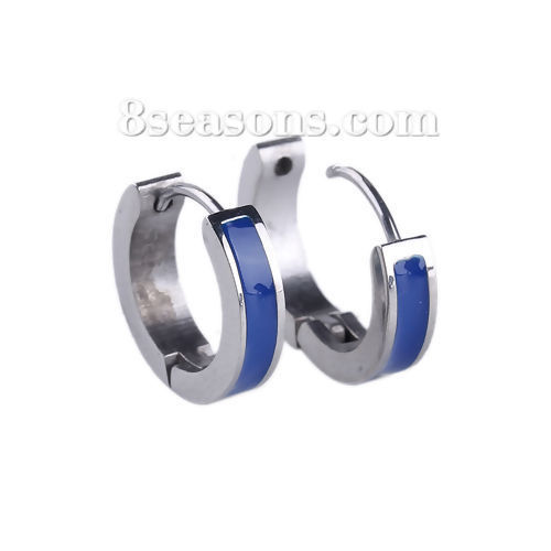 Immagine di 304 Acciaio Inossidabile orecchino cerchio Tono Argento Blu Anello Smalto 17mm x 15mm, Posta / Filo Dimensione: (18 misura), 1 Paio