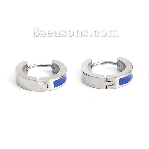 Immagine di 304 Acciaio Inossidabile orecchino cerchio Tono Argento Blu Anello Smalto 17mm x 15mm, Posta / Filo Dimensione: (18 misura), 1 Paio