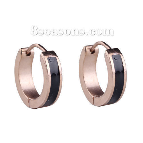 Immagine di 304 Acciaio Inossidabile orecchino cerchio Oro Rosa Nero Anello Smalto 17mm x 16mm, Posta / Filo Dimensione: (18 misura), 1 Paio