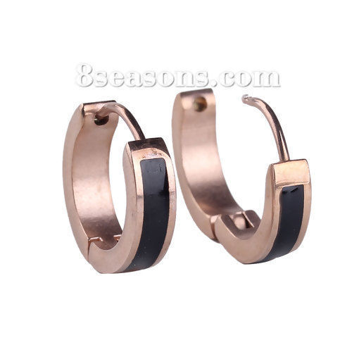 Immagine di 304 Acciaio Inossidabile orecchino cerchio Oro Rosa Nero Anello Smalto 17mm x 16mm, Posta / Filo Dimensione: (18 misura), 1 Paio