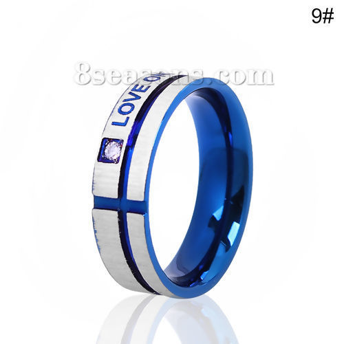 Picture of 304 Stainless Steel Unadjustable Rings Blue Message " LOVE ONLY YOU " Clear Rhinestone 19.1mm( 6/8")(US Size 9), 1 Piece
