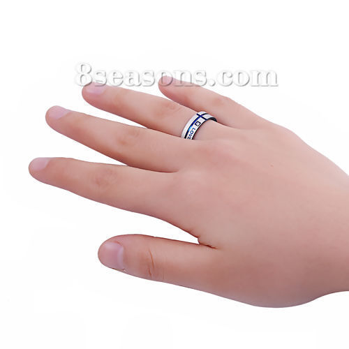 Picture of 304 Stainless Steel Unadjustable Rings Blue Message " LOVE ONLY YOU " Clear Rhinestone 19.1mm( 6/8")(US Size 9), 1 Piece