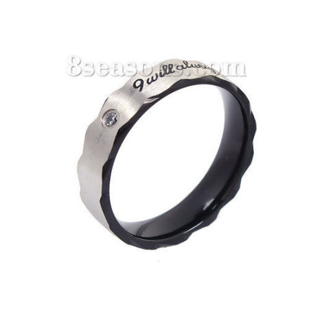 304 Stainless Steel Unadjustable Rings Black Message Clear Rhinestone 19.9mm( 6/8")(US Size 10), 1 Piece
