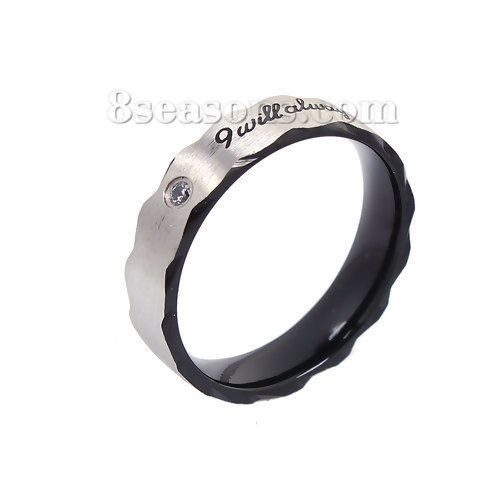 Imagen de 304 Acero Inoxidable No Ajustable Anillos Negro " Mensaje " Transparente Rhinestone 19.9mm( 6/8")(US Size 10), 1 Unidad
