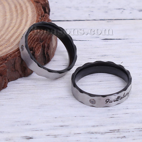 Imagen de 304 Acero Inoxidable No Ajustable Anillos Negro " Mensaje " Transparente Rhinestone 19.9mm( 6/8")(US Size 10), 1 Unidad