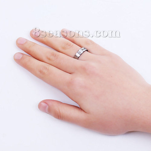 Imagen de 304 Acero Inoxidable No Ajustable Anillos Negro " Mensaje " Transparente Rhinestone 19.9mm( 6/8")(US Size 10), 1 Unidad