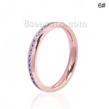 304 Stainless Steel Unadjustable Rings Rose Gold Clear Rhinestone 16.5mm( 5/8")(US Size 6), 1 Piece