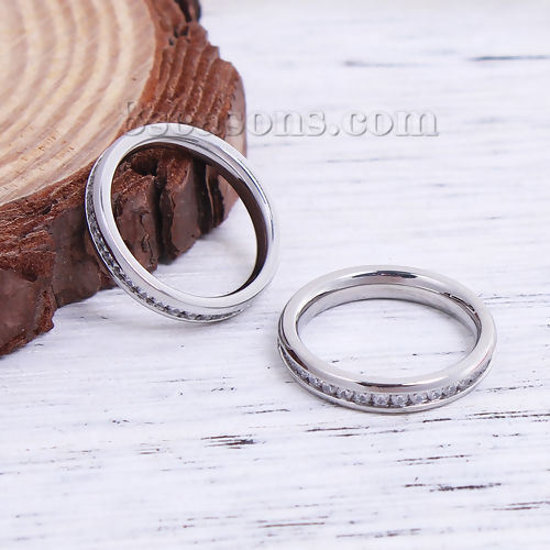 Image de Bagues en 304 Acier Inoxydable Non Ajustable Argent Mat Transparent Strass 16.5mm (Taille d'US 6) , 1 Pièce