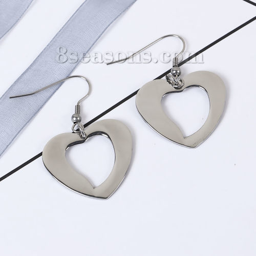 Picture of Stainless Steel Earrings Silver Tone Heart 45mm(1 6/8") x 28mm(1 1/8"), Post/ Wire Size: (21 gauge), 1 Pair
