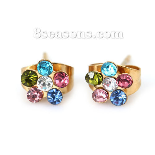 Picture of Stainless Steel Ear Post Stud Earrings Gold Plated Flower Multicolor Rhinestone 6mm( 2/8") x 6mm( 2/8"), Post/ Wire Size: (21 gauge), 1 Pair