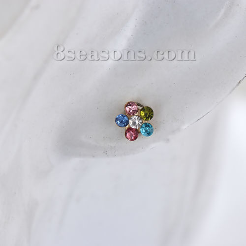 Picture of Stainless Steel Ear Post Stud Earrings Gold Plated Flower Multicolor Rhinestone 6mm( 2/8") x 6mm( 2/8"), Post/ Wire Size: (21 gauge), 1 Pair