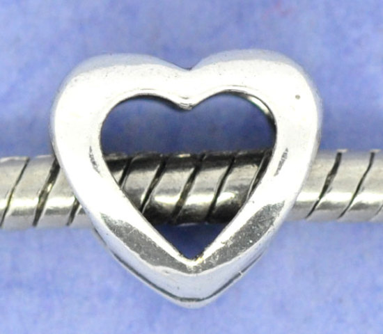 Picture of 30 PCs Zinc Based Alloy Valentine's Day European Style Large Hole Charm Beads Antique Silver Color Heart Hollow 11mm x 10mm, Hole: Approx 4.8mm