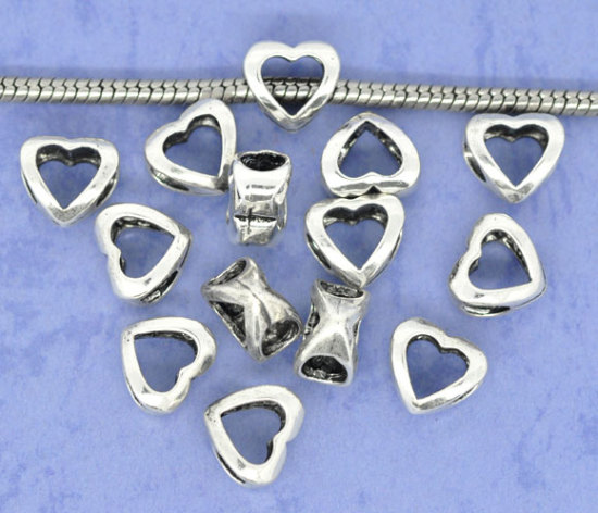 Picture of 30 PCs Zinc Based Alloy Valentine's Day European Style Large Hole Charm Beads Antique Silver Color Heart Hollow 11mm x 10mm, Hole: Approx 4.8mm