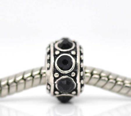 10 PCs Zinc Based Alloy European Style Large Hole Charm Beads Antique Silver Color Round Dot Black Rhinestone 11mm Dia., Hole: Approx 4.7mm