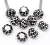 Picture of Zinc Metal Alloy European Style Large Hole Charm Beads Round Silver Plated Seaweed Pattern Black Enamel 12x9mm, 10 PCs