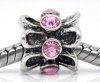 Picture of 10 PCs Zinc Based Alloy European Style Large Hole Charm Beads Antique Silver Color Drum Light Pink Rhinestone 10mm x 10mm, Hole: Approx 5mm