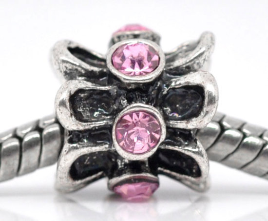 Picture of 10 PCs Zinc Based Alloy European Style Large Hole Charm Beads Antique Silver Color Drum Light Pink Rhinestone 10mm x 10mm, Hole: Approx 5mm