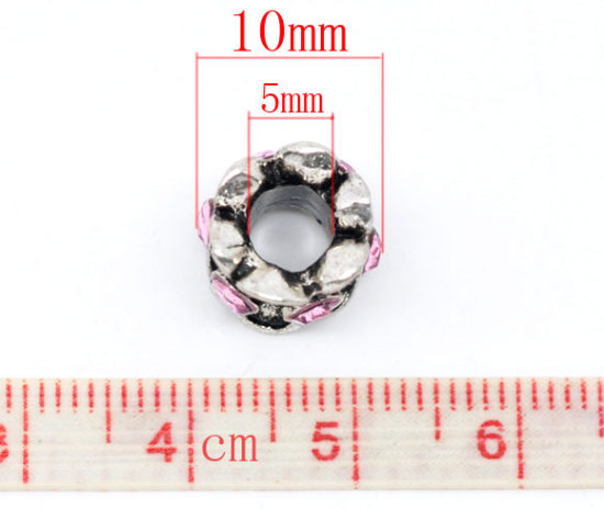 Picture of 10 PCs Zinc Based Alloy European Style Large Hole Charm Beads Antique Silver Color Drum Light Pink Rhinestone 10mm x 10mm, Hole: Approx 5mm