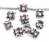 Picture of 10 PCs Zinc Based Alloy European Style Large Hole Charm Beads Antique Silver Color Drum Light Pink Rhinestone 10mm x 10mm, Hole: Approx 5mm