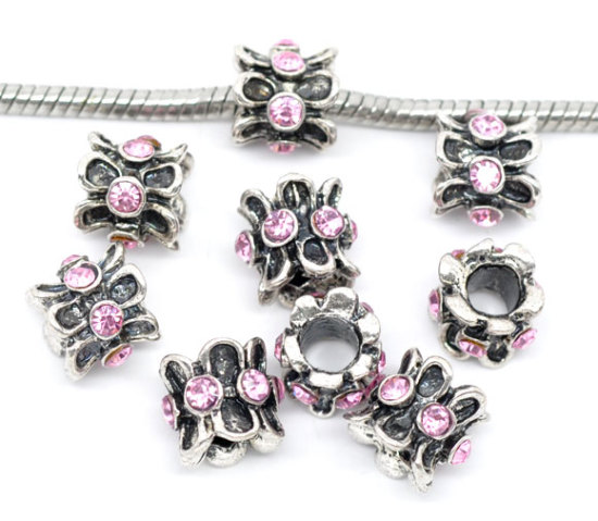 Picture of 10 PCs Zinc Based Alloy European Style Large Hole Charm Beads Antique Silver Color Drum Light Pink Rhinestone 10mm x 10mm, Hole: Approx 5mm
