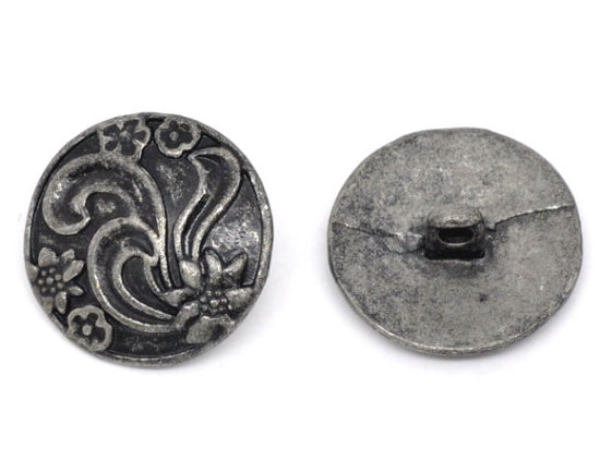 Picture of 30 PCs Zinc Based Alloy Metal Sewing Shank Buttons Single Hole Antique Silver Color Round Flower 20mm Dia.