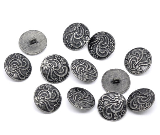 Picture of 30 PCs Zinc Based Alloy Metal Sewing Shank Buttons Single Hole Antique Silver Color Round Flower 20mm Dia.