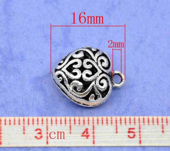 Picture of Antique Silver Color Hollow Heart Charm Pendants 16x13mm, sold per packet of 10