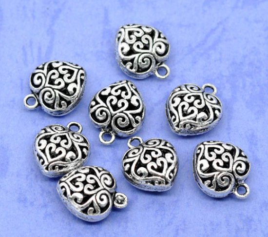 Picture of Antique Silver Color Hollow Heart Charm Pendants 16x13mm, sold per packet of 10