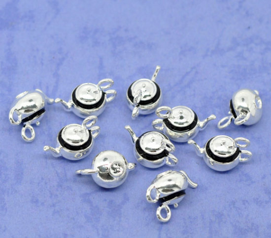 Picture of Zinc Metal Alloy 3D Charm Pendants Teapot Silver Plated Black Enamel 17mm x12mm( 5/8" x 4/8"), 10 PCs