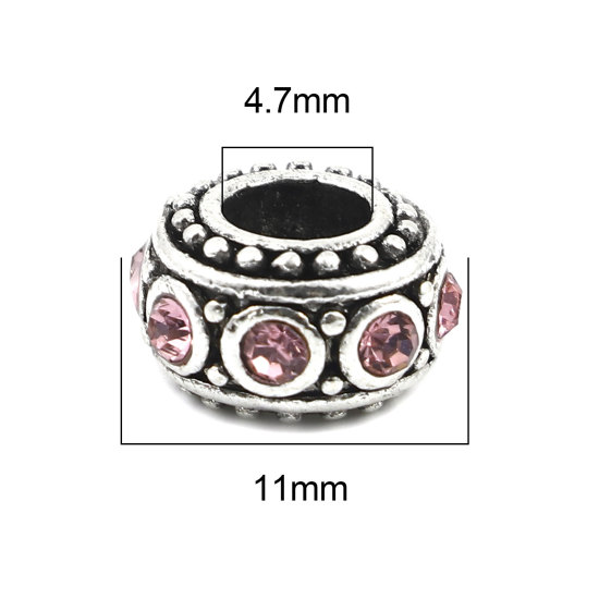 Immagine di 10 Pz Lega di Zinco Perline di Fascino con Foro Grande in Stile Europeo Argento Antico Tondo Polka Dot Rosa Chiaro Strass 11mm Dia., Foro:Circa 4.7mm