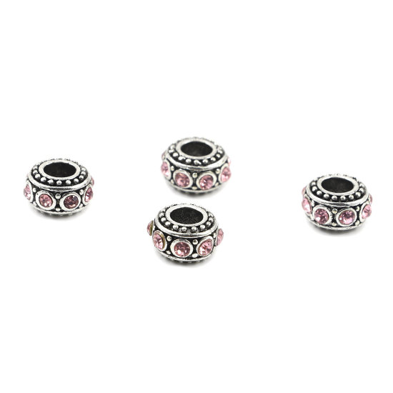 Immagine di 10 Pz Lega di Zinco Perline di Fascino con Foro Grande in Stile Europeo Argento Antico Tondo Polka Dot Rosa Chiaro Strass 11mm Dia., Foro:Circa 4.7mm