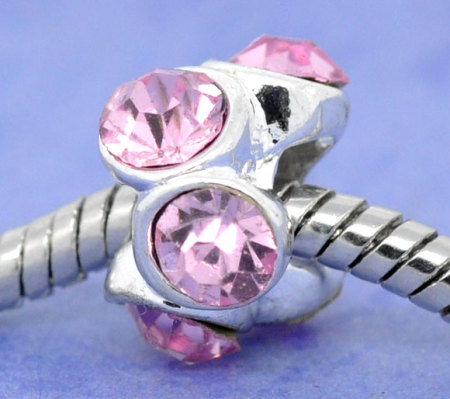Zinc Metal Alloy European Style Large Hole Charm Beads Round Silver Plated Light Pink Rhinestone About 12mm Dia, Hole: Approx 4.8mm, 10 PCs