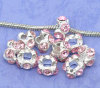 Picture of Zinc Metal Alloy European Style Large Hole Charm Beads Round Silver Plated Light Pink Rhinestone About 12mm Dia, Hole: Approx 4.8mm, 10 PCs