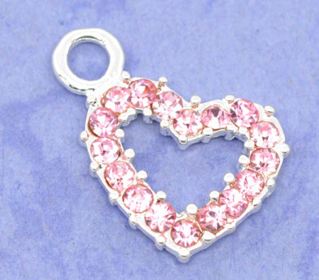 Bild von Versilbert Rosa Strass Herz Anhänger Beads 19x13mm verkauft eine Packung mit 10 Stücke