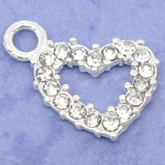 Immagine di Lega + Strass Charm Ciondoli Cuore Argento Placcato Nulla Disegno Bianco Strass 19.0mm x 13.0mm, 10 Pz