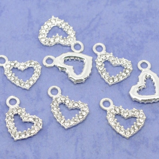Immagine di Lega + Strass Charm Ciondoli Cuore Argento Placcato Nulla Disegno Bianco Strass 19.0mm x 13.0mm, 10 Pz