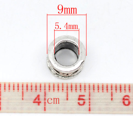 Picture of Zinc Metal Alloy European Style Large Hole Charm Beads Cylinder Antique Silver Message Pattern About 9mm Dia, Hole: Approx 5.4mm, 50 PCs