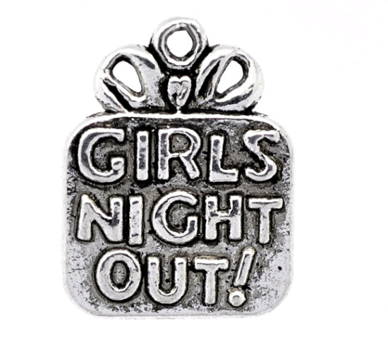 Image de Breloques Cadeau en Alliage de Zinc Argent Vieilli Gravé Mots "Girls Night Out" 22x17mm, 20 Pcs
