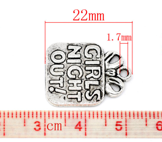 Image de Breloques Cadeau en Alliage de Zinc Argent Vieilli Gravé Mots "Girls Night Out" 22x17mm, 20 Pcs