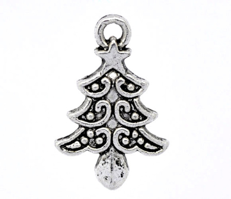 Imagen de Colgantes Aleación del Metal Del Zinc de Árbol de Navidad Plata Antigua Rhinestone 21.0mm x 14.0mm, 50 Unidades 