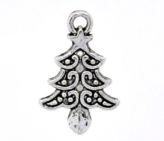 Imagen de Colgantes Aleación del Metal Del Zinc de Árbol de Navidad Plata Antigua Rhinestone 21.0mm x 14.0mm, 50 Unidades 