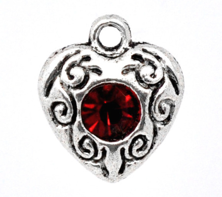Antique Silver Color Rhinestone Love Heart Charm Pendants 12x10mm, sold per packet of 20