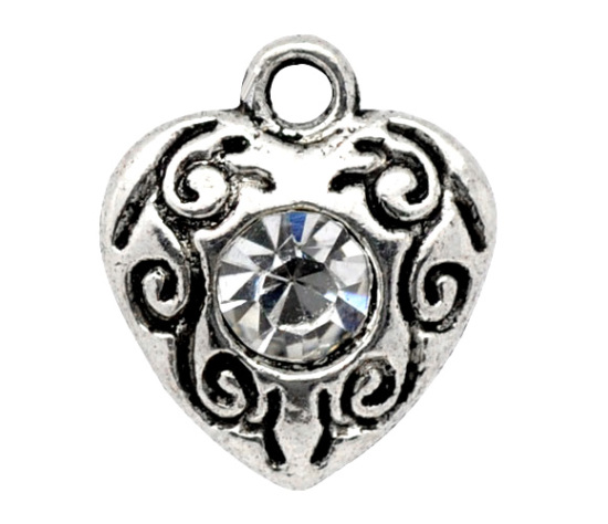 Picture of Antique Silver Color Rhinestone Love Heart Charm Pendants 12x10mm, sold per packet of 20